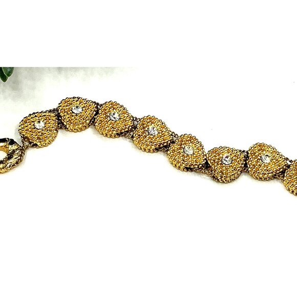 Gold Tone Textured Heart Link Bracelet With Clear Rhinestones and Fold-Over Clas - Picture 3 of 8